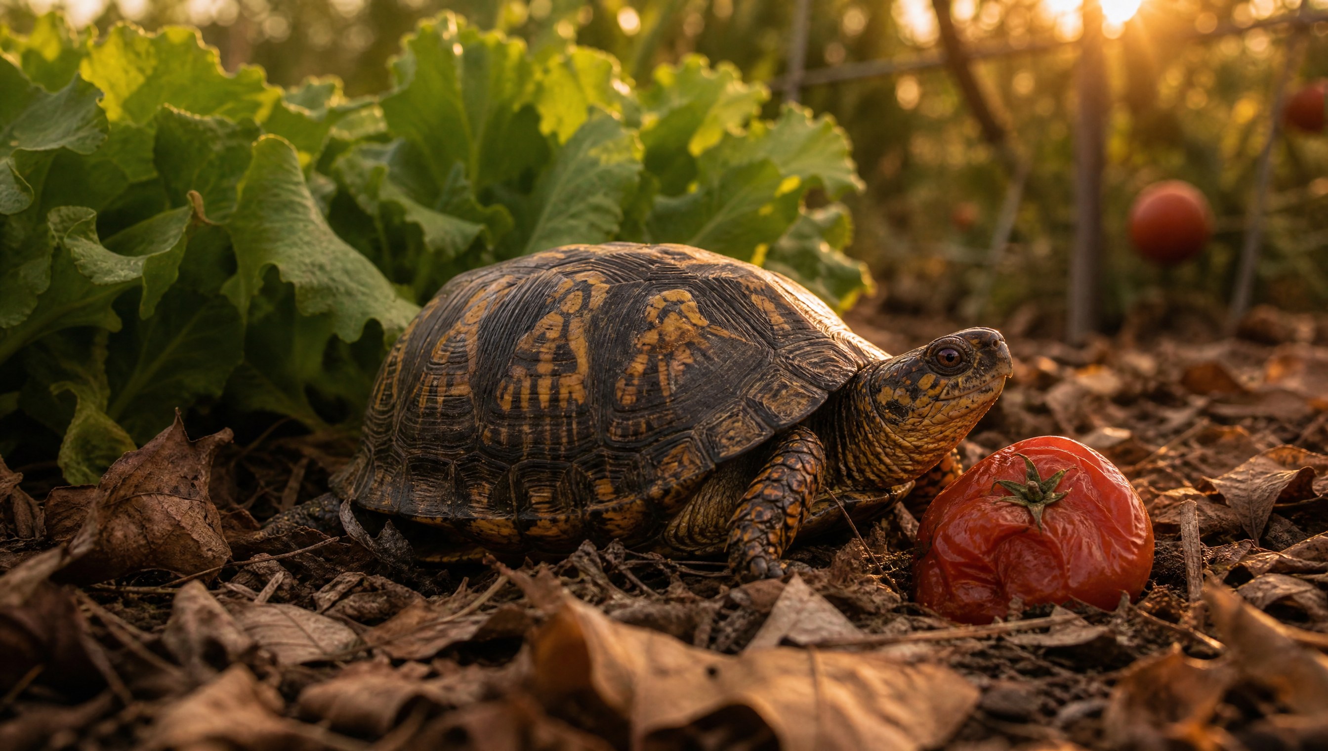 An eastern box turtle with an orange patterned shell resting in leaf litter at the edge of a vegetable bed in warm evening light