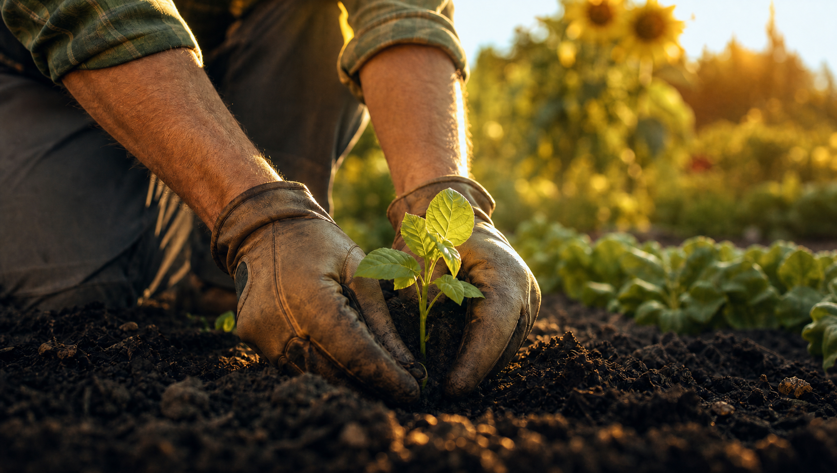 Gloved hands planting a seedling in golden evening light