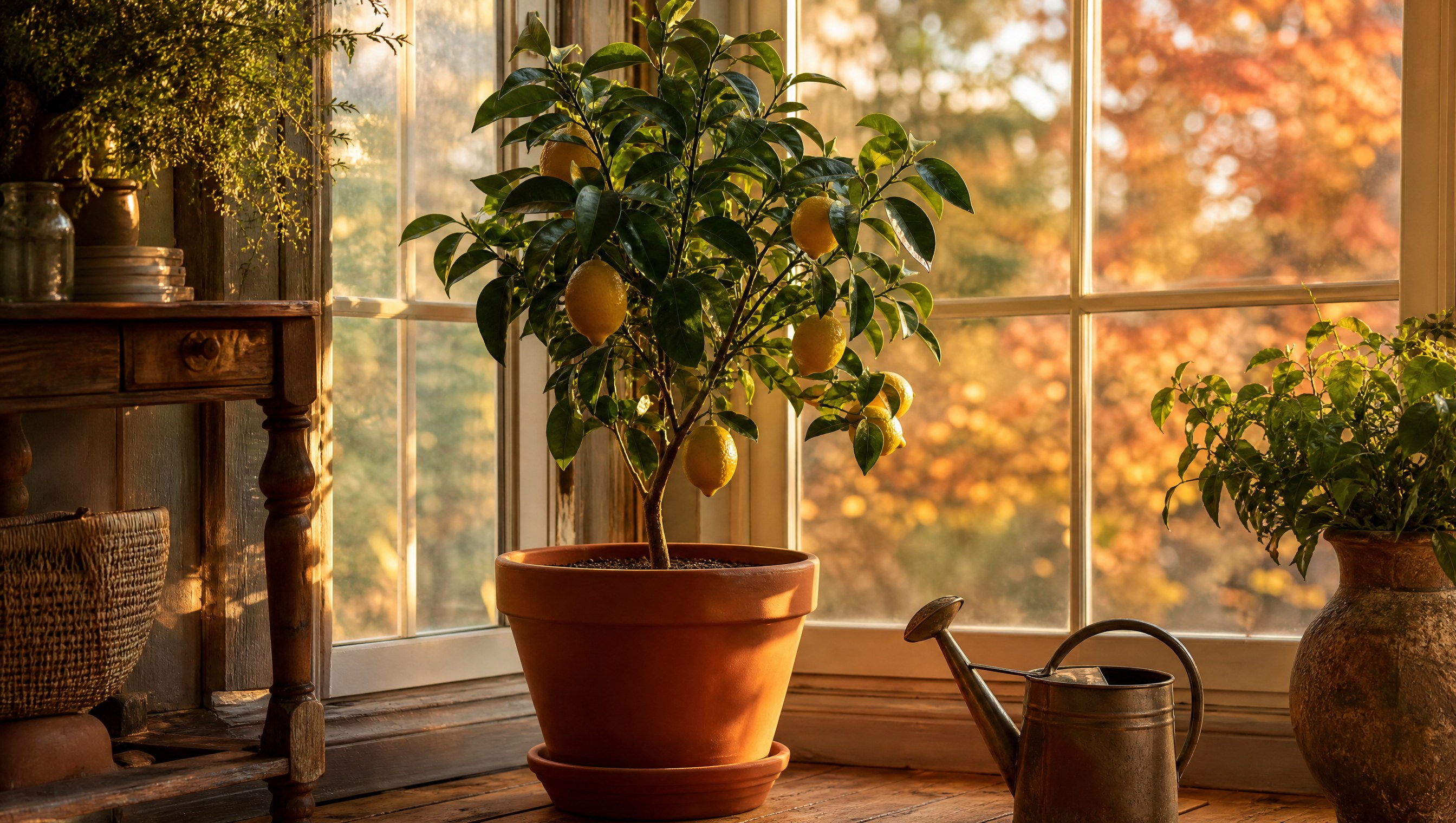 A small potted Meyer lemon tree with ripe yellow lemons beside a sunny window in October, autumn trees blurred outside