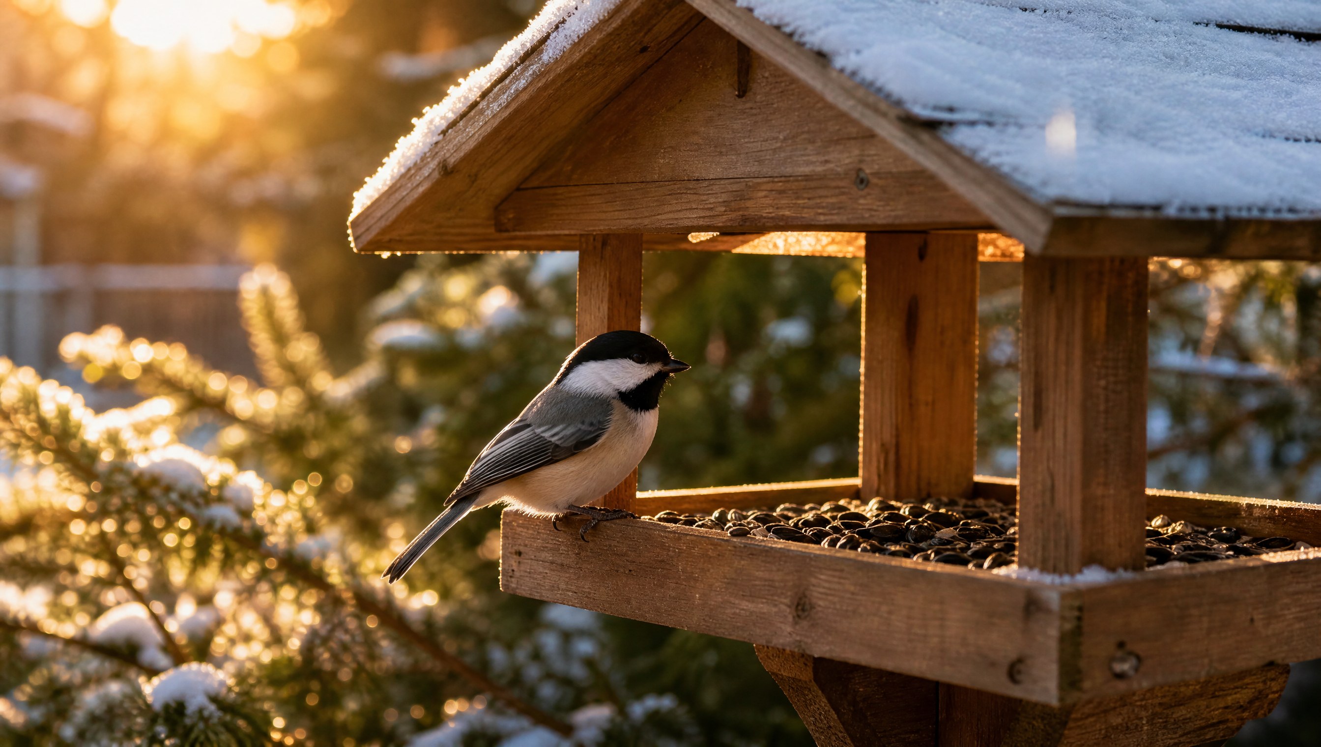 A black-capped chickadee perched on a sunflower-seed feeder dusted with early snow in warm morning light