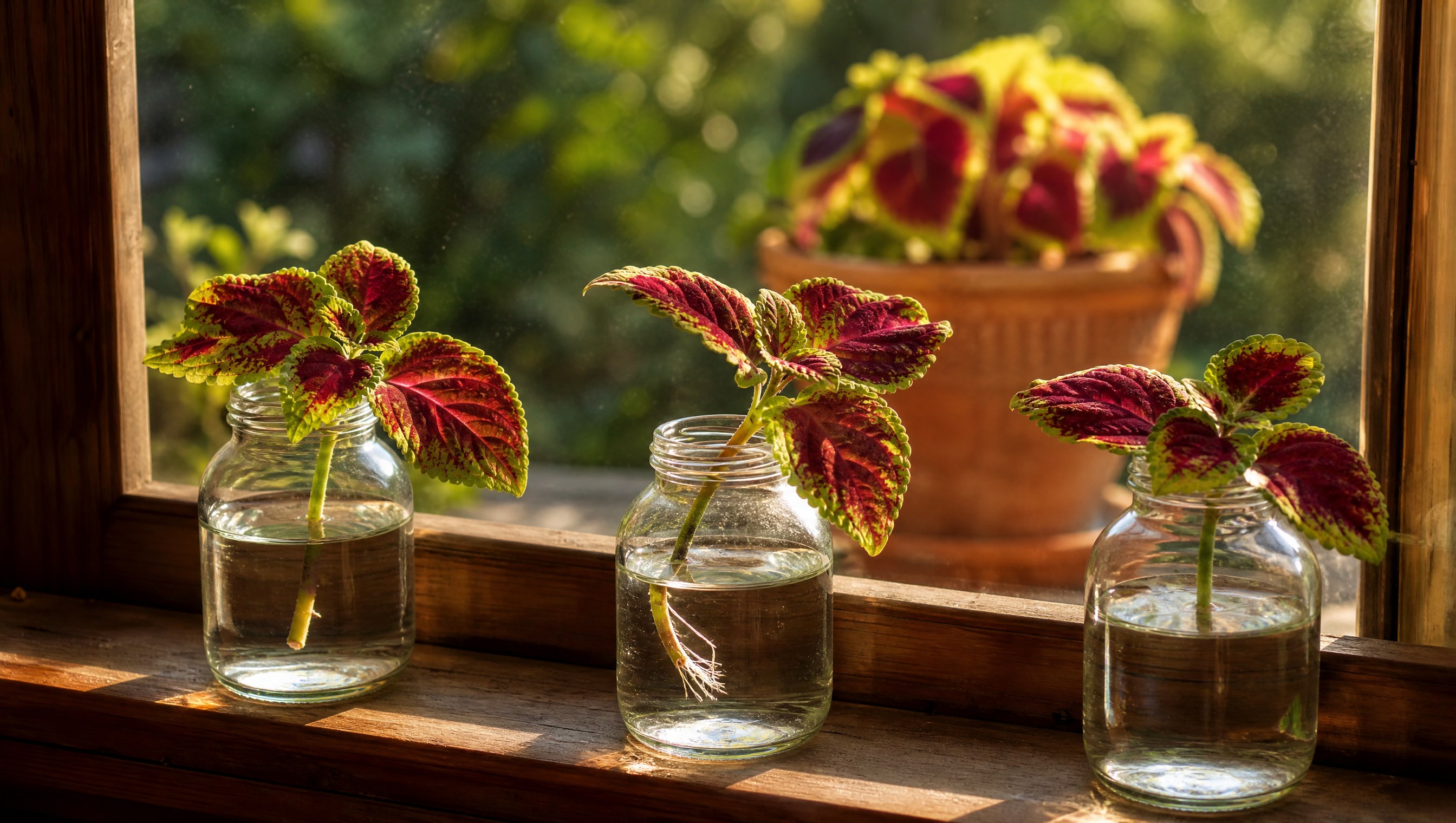 Three glass jars of water on a sunlit windowsill, each holding a coleus stem cutting with red and green scalloped leaves, fine white roots visible in one