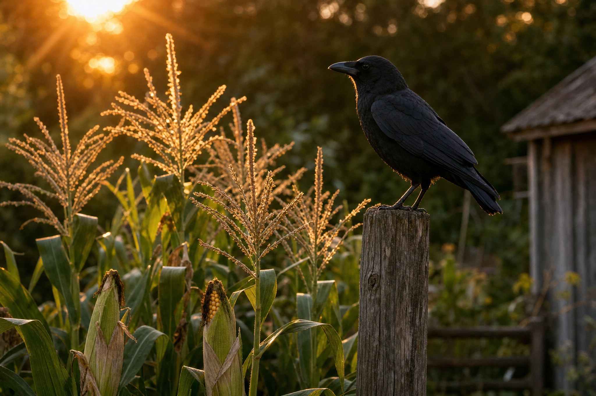 An American crow perched on a weathered fence post beside ripening sweet corn at golden hour.