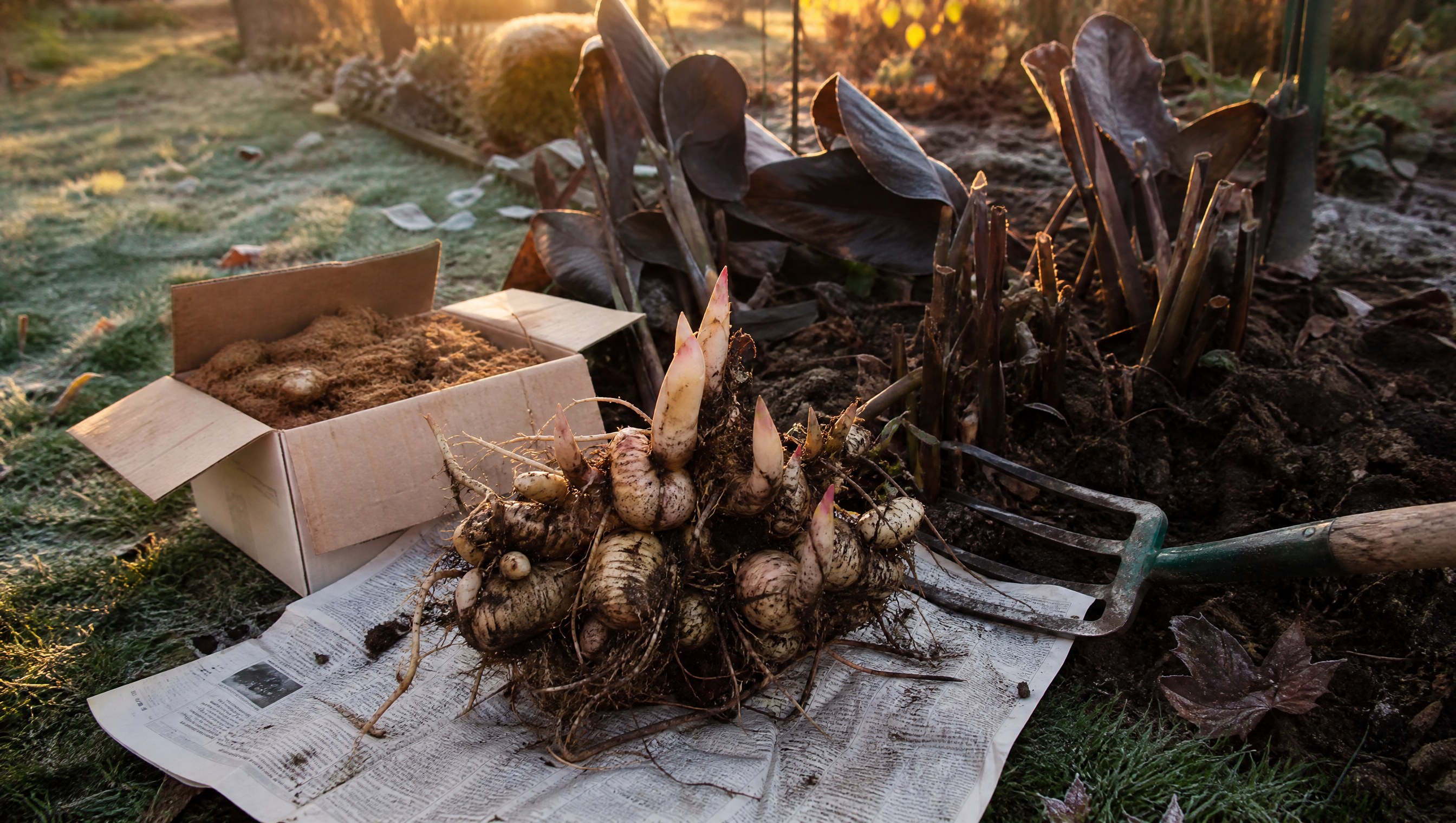A freshly lifted clump of knobby pale tan canna rhizomes on newspaper beside a garden fork on a frosty October morning, frost-blackened canna leaves behind