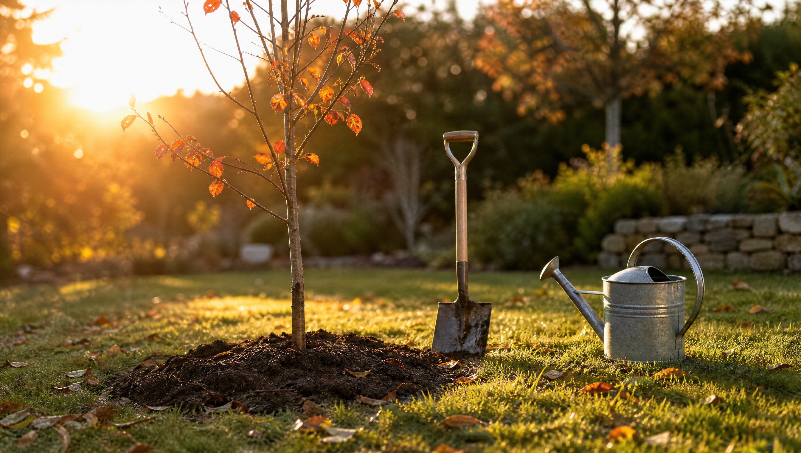 A newly planted young tree with a few orange leaves in a fresh mulch ring on a lawn in early autumn, a spade in the turned soil beside it, low golden light