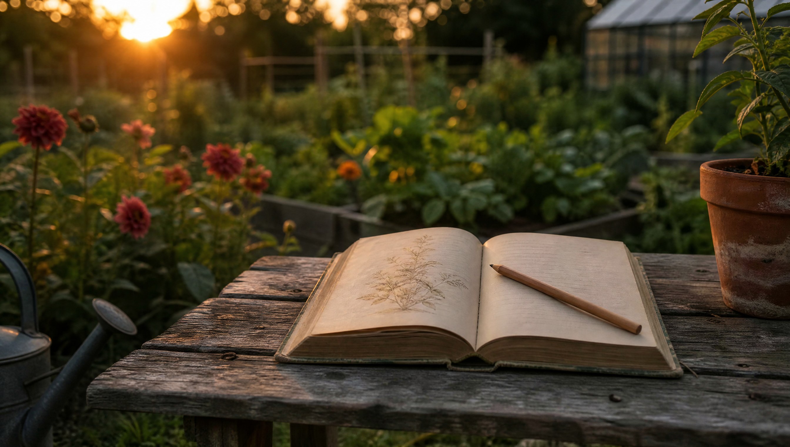 An open almanac and a pencil on a garden bench at dusk, with late summer beds softening in the background