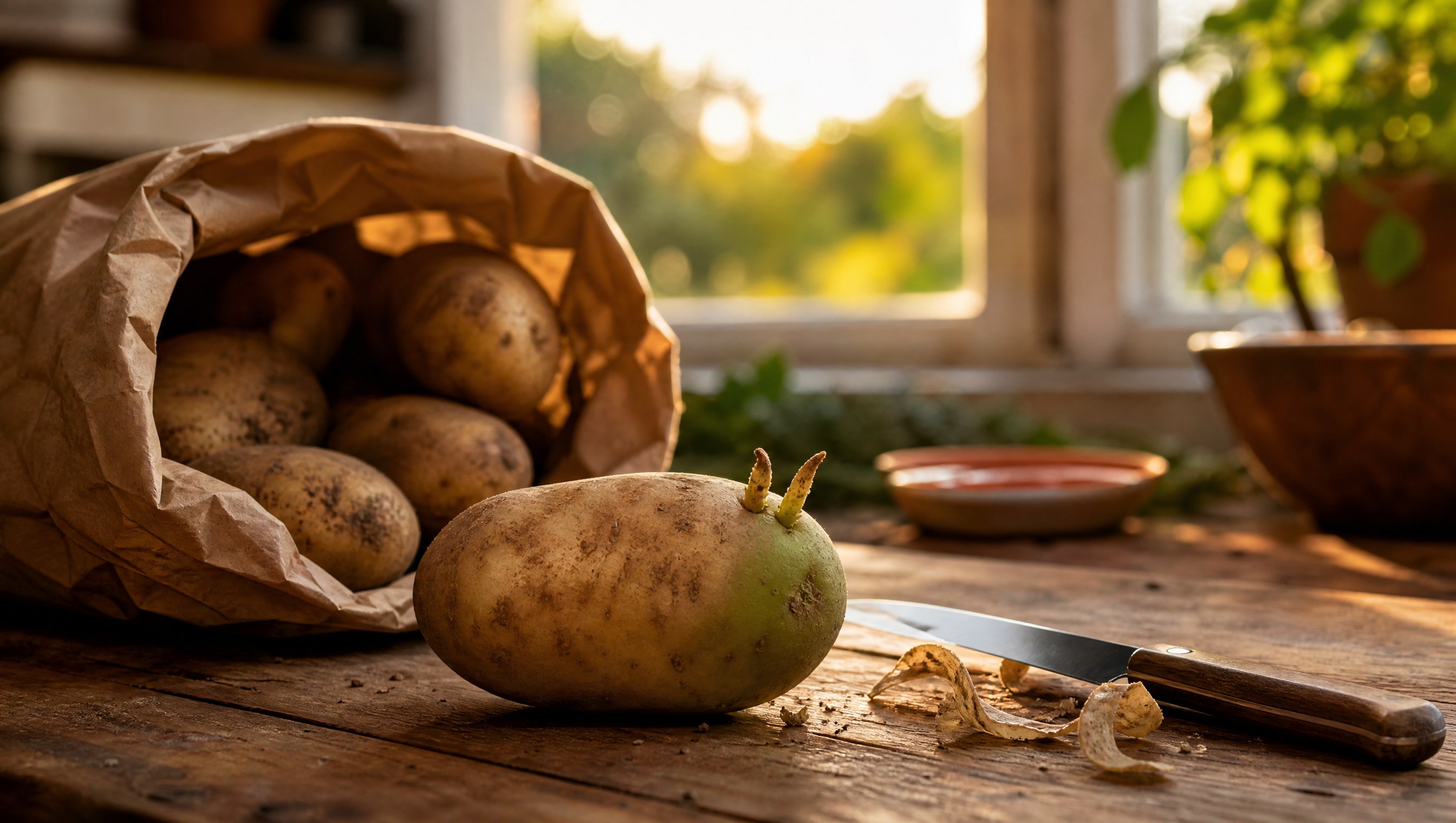 A freshly dug russet potato with a pale green blush on one side and two short sprouts, on a farmhouse counter beside a paring knife