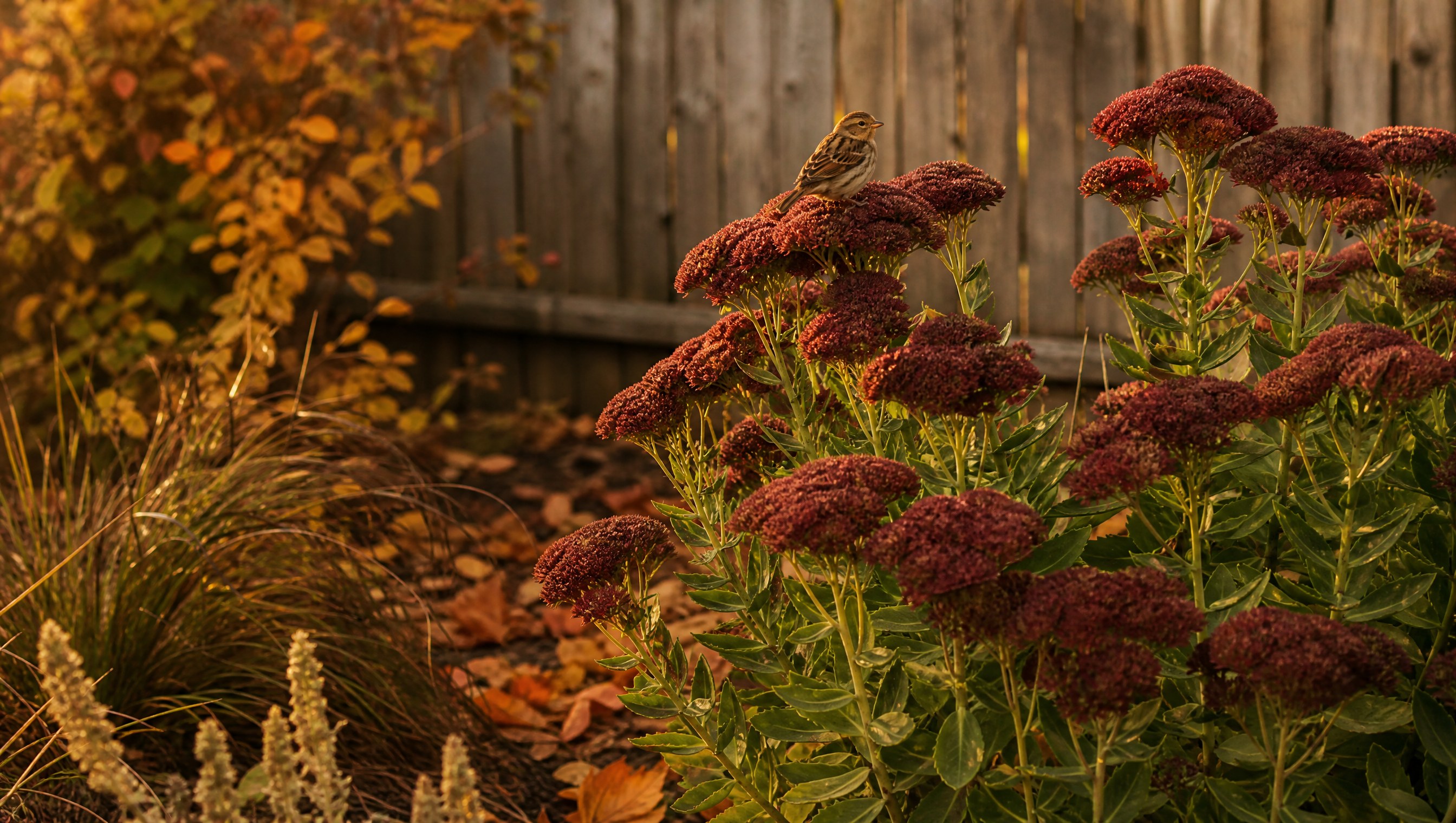 Clumps of Autumn Joy sedum in a late October border, broad flat flower heads turned deep mahogany and rusty red, a small brown sparrow perched on one head
