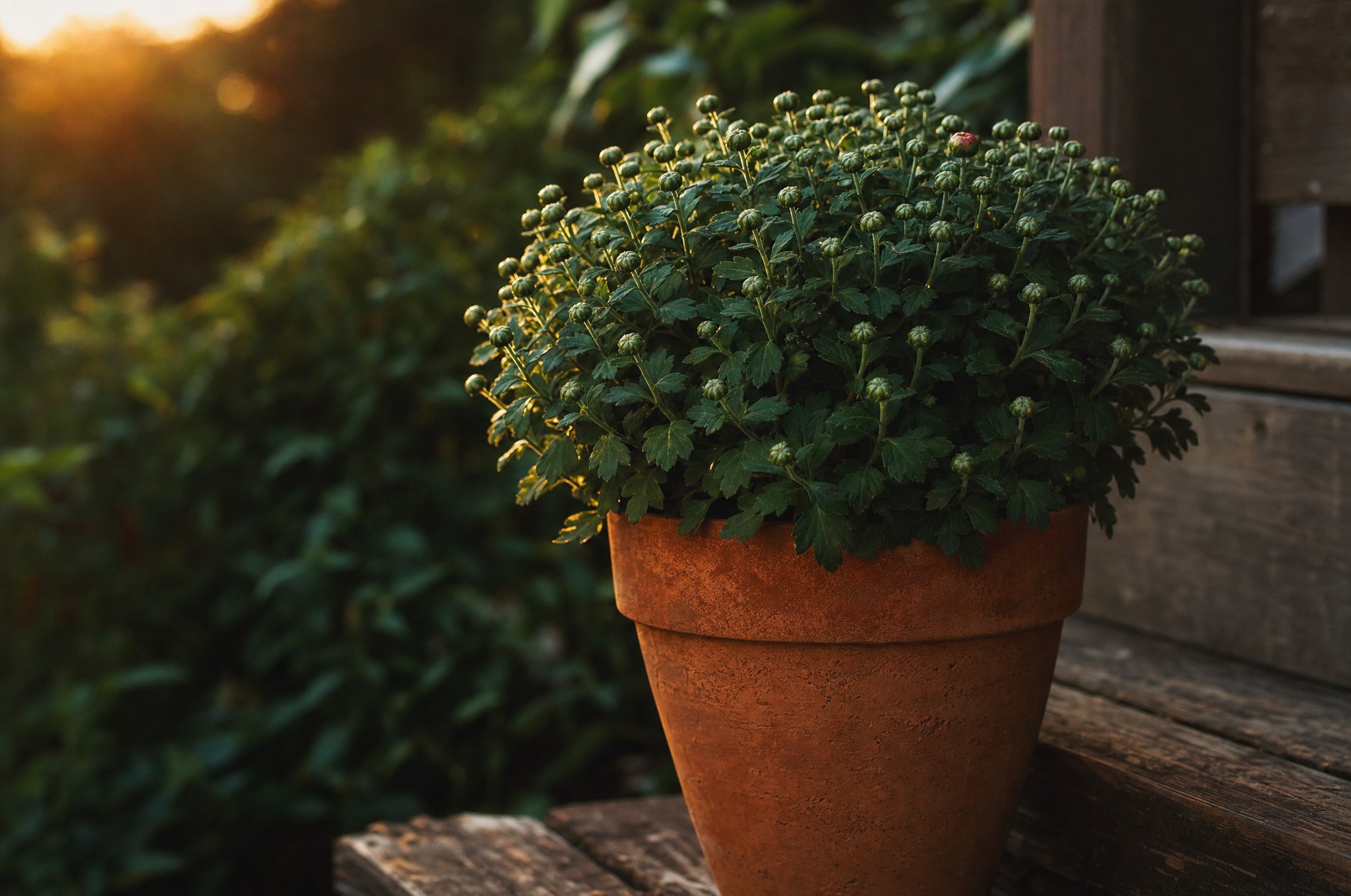 A potted garden chrysanthemum crowned with tight green buds on porch steps at dusk.