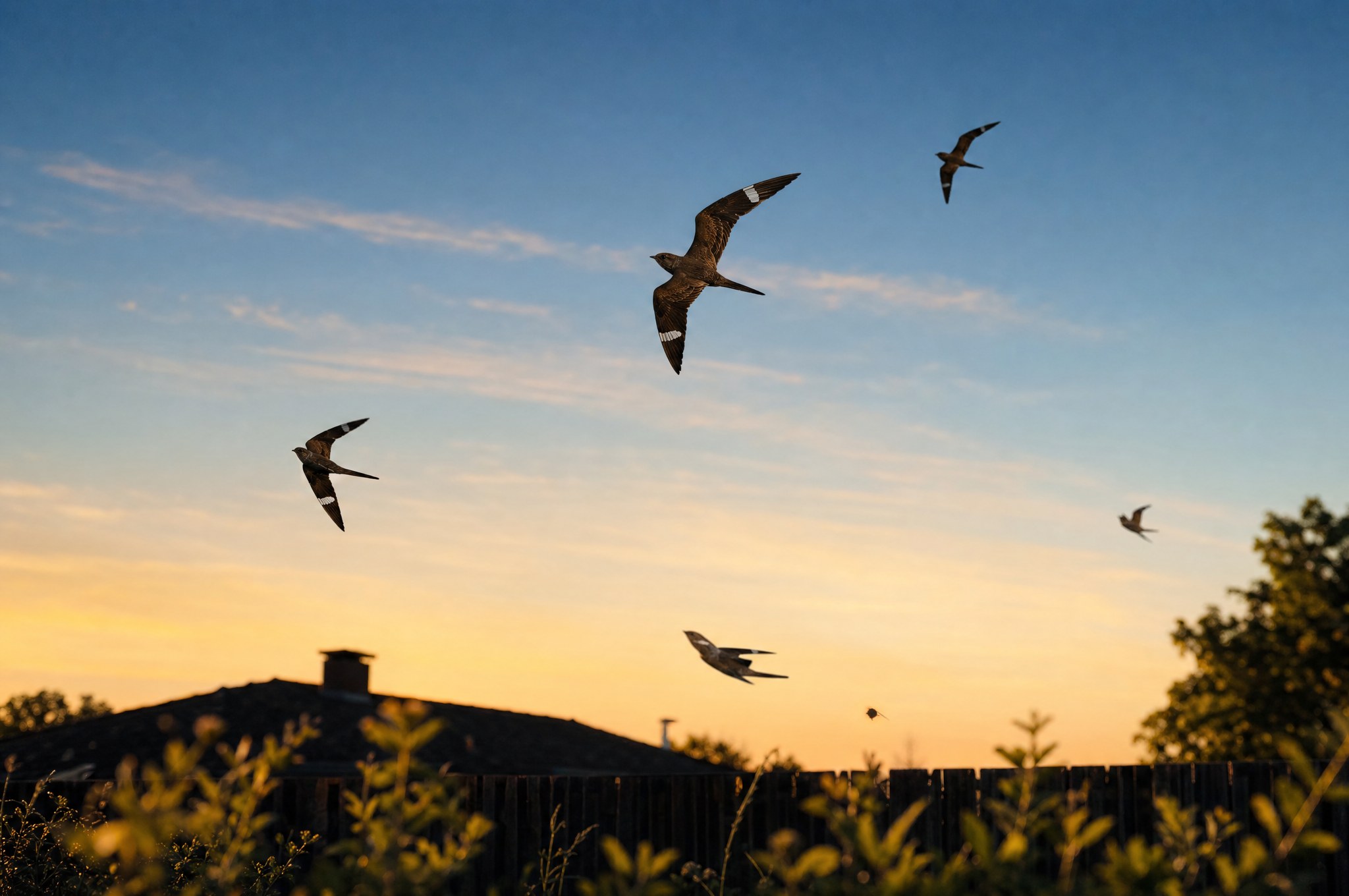 Common nighthawks with white wing bars flying over rooftops and a garden fence at dusk.