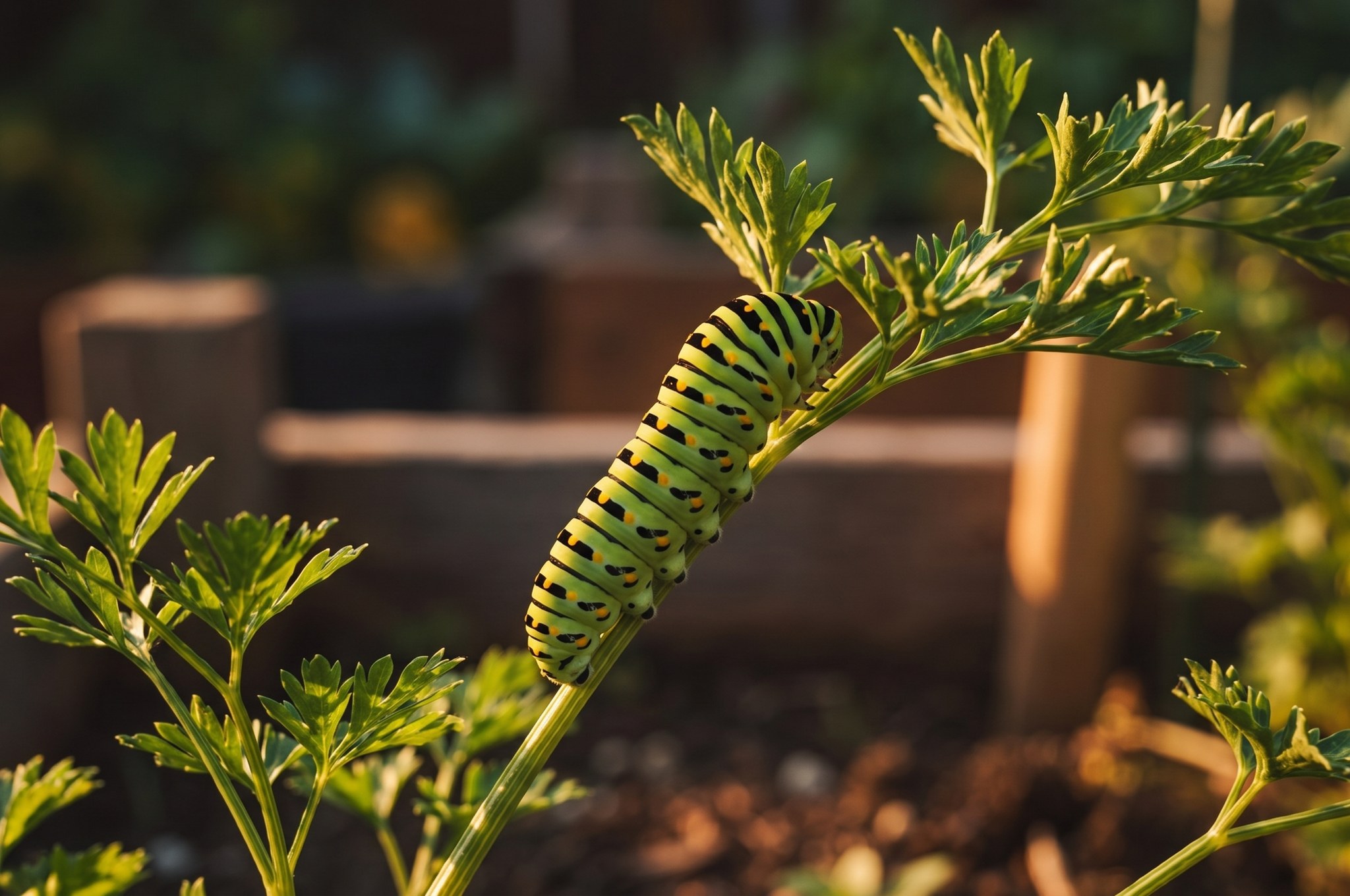 A black swallowtail caterpillar with green and black bands and yellow dots feeding on a parsley stem in evening light.