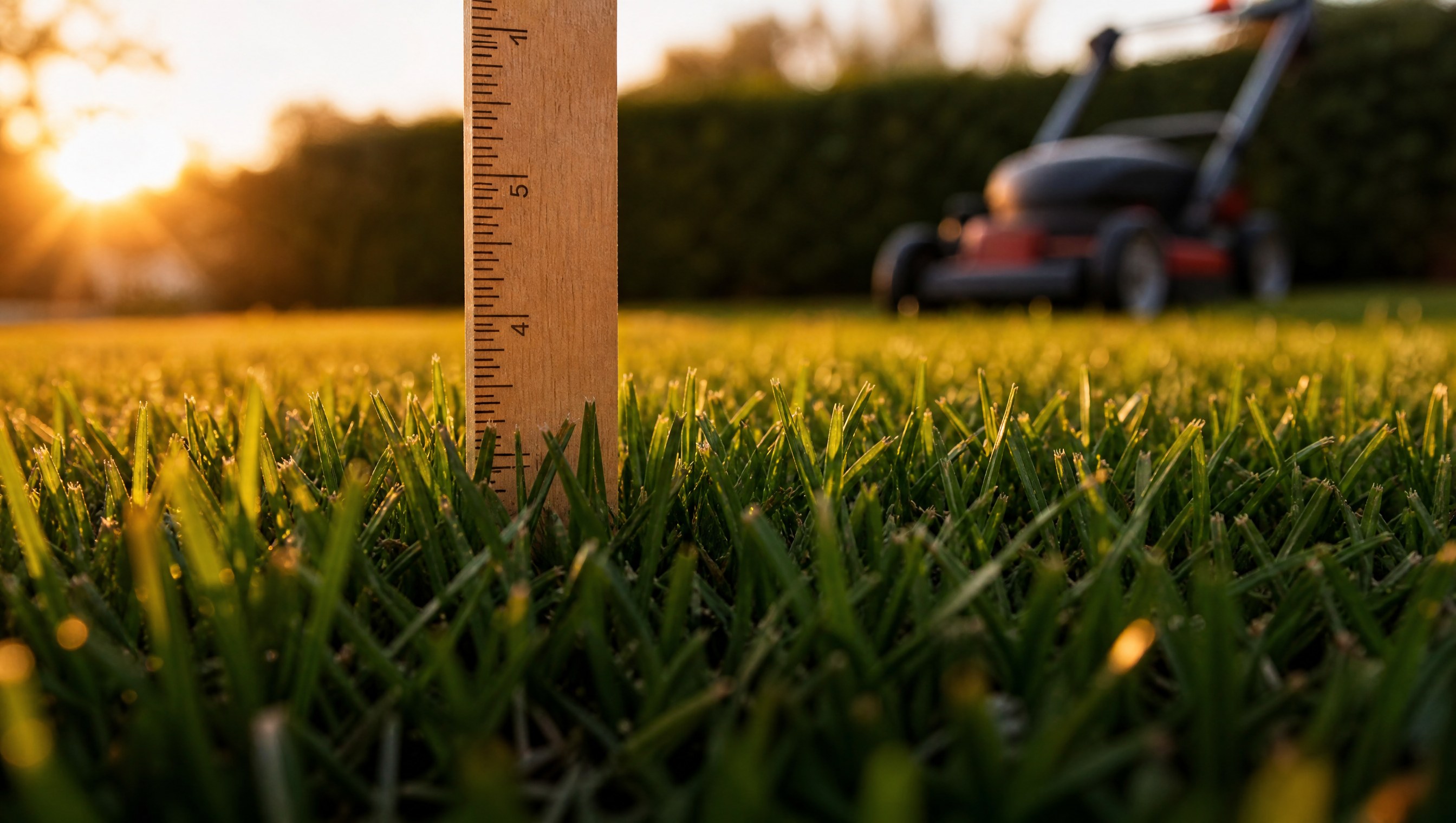 A plain wooden ruler standing upright in thick green lawn grass with the blades reaching its three-inch mark, low warm evening light across the lawn