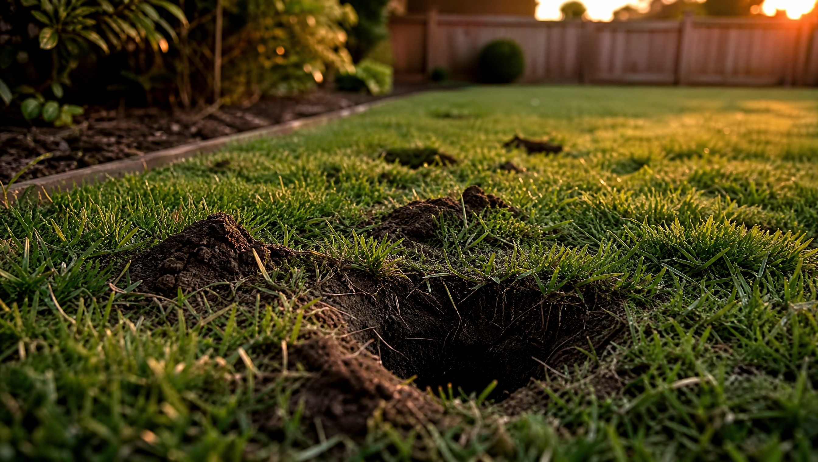 Several small cone shaped holes dug into a suburban lawn near a garden bed at dusk, dark soil visible at the edges, golden evening light