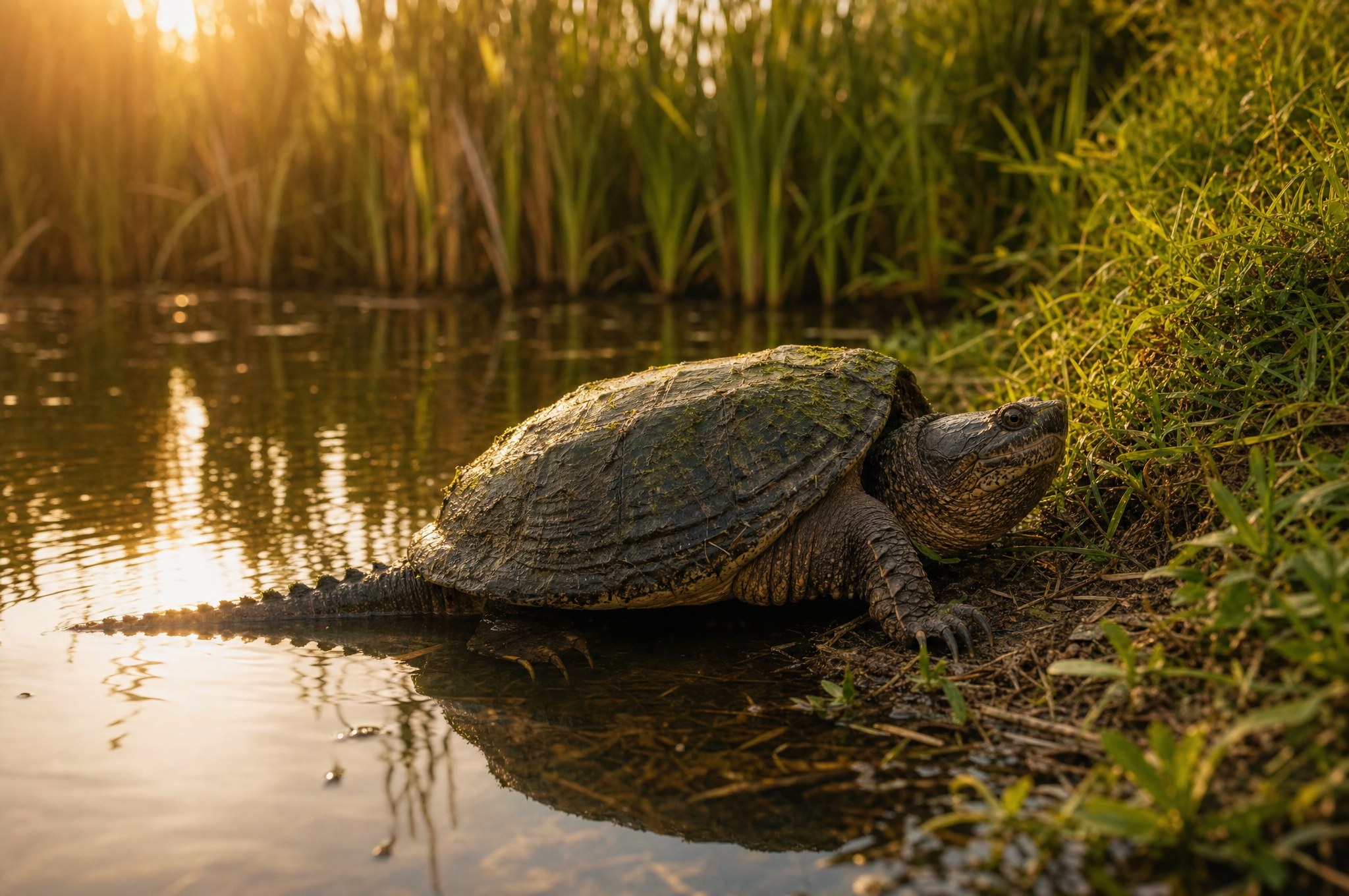 A common snapping turtle resting at the sunlit edge of a pond at golden hour.