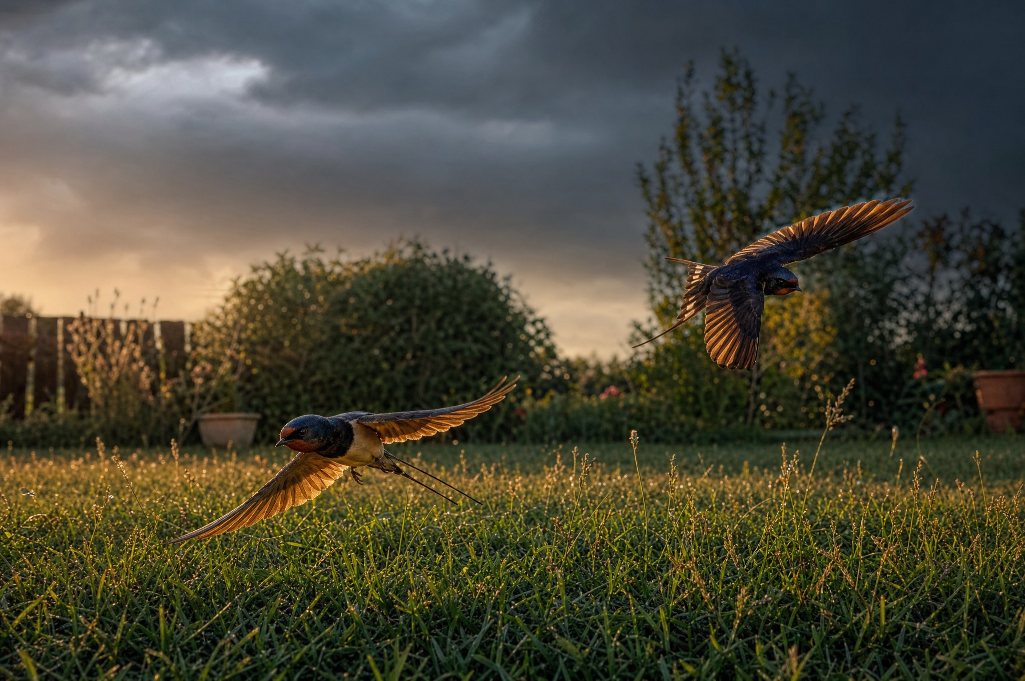 Two barn swallows skimming low over a lawn at dusk as storm clouds build