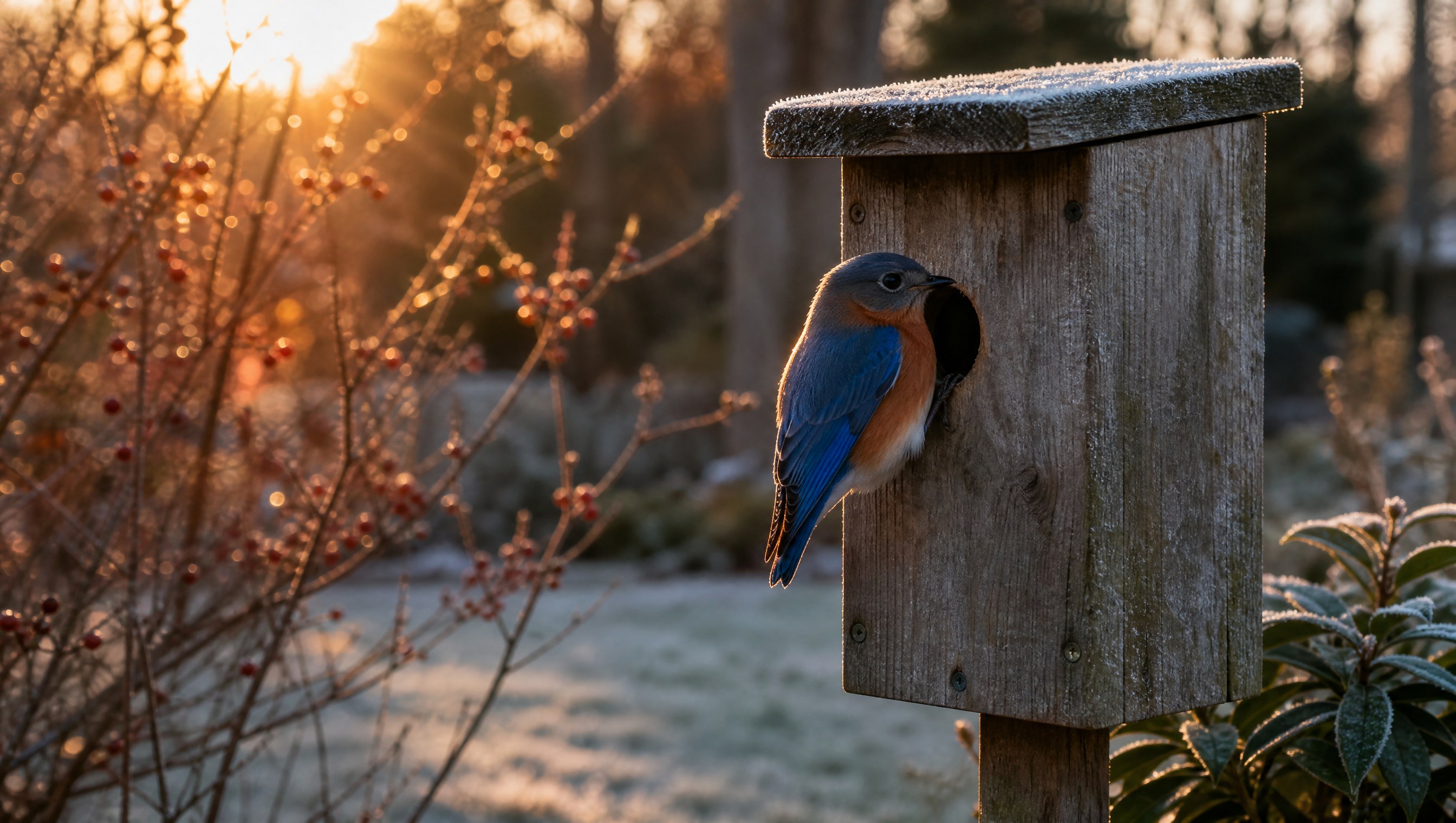 Golden-hour photo of an eastern bluebird perched at the entrance of a wooden nest box in a frosty winter garden