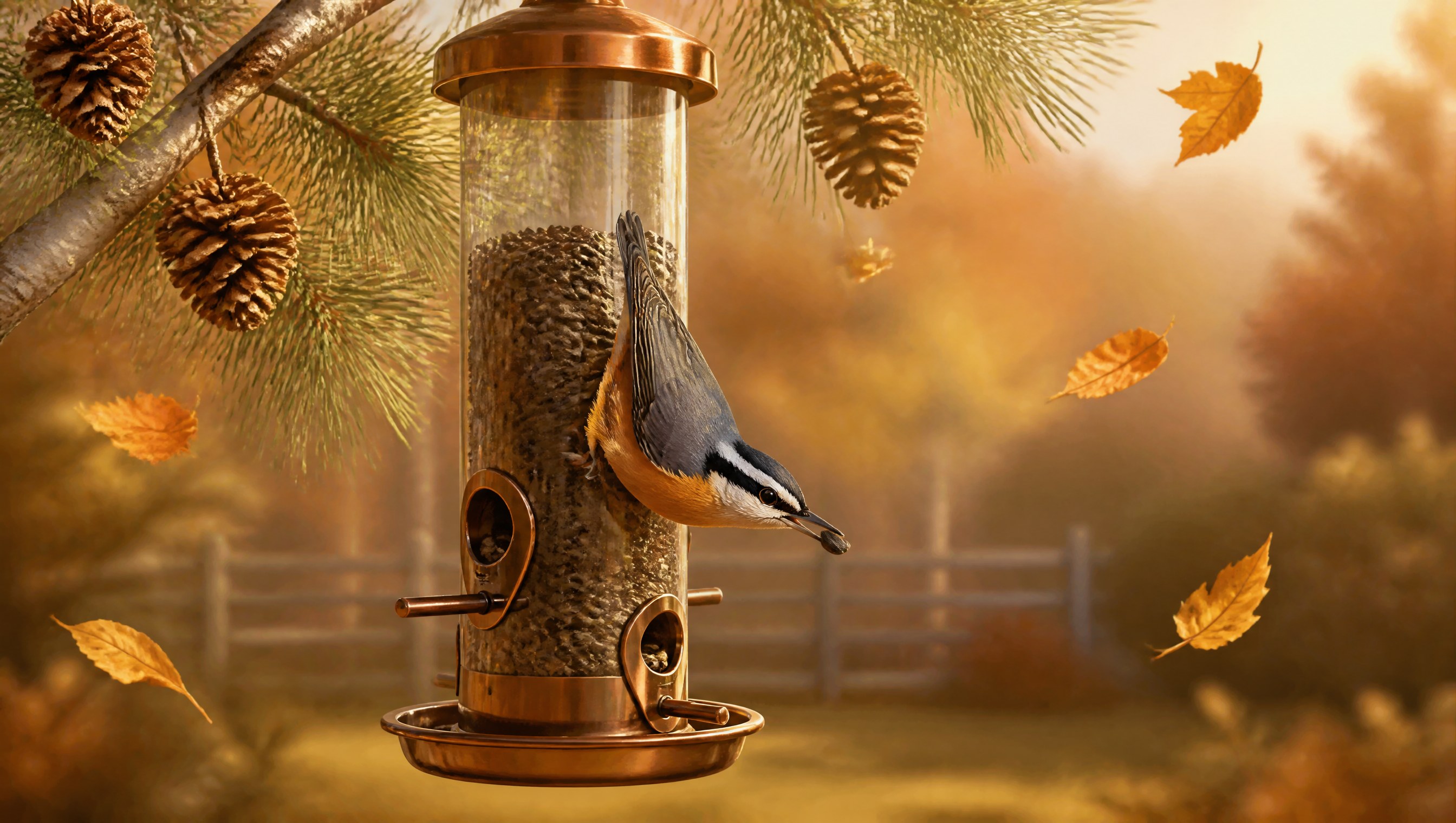 A small red-breasted nuthatch with a black eye stripe, white eyebrow and rusty orange underparts clinging to a bird feeder in a white pine in October light