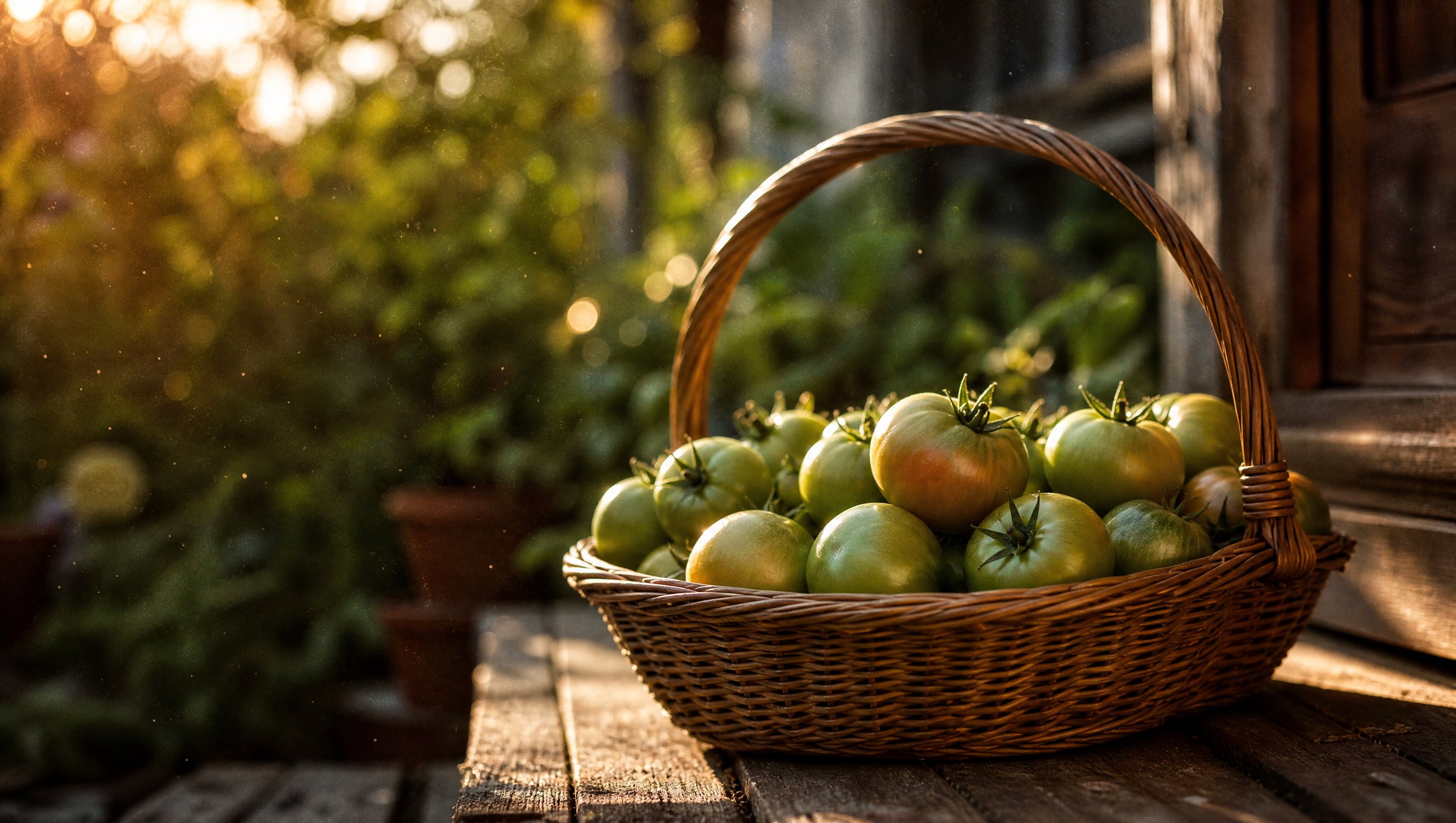 A basket of green and first blush tomatoes on a wooden step in low golden light