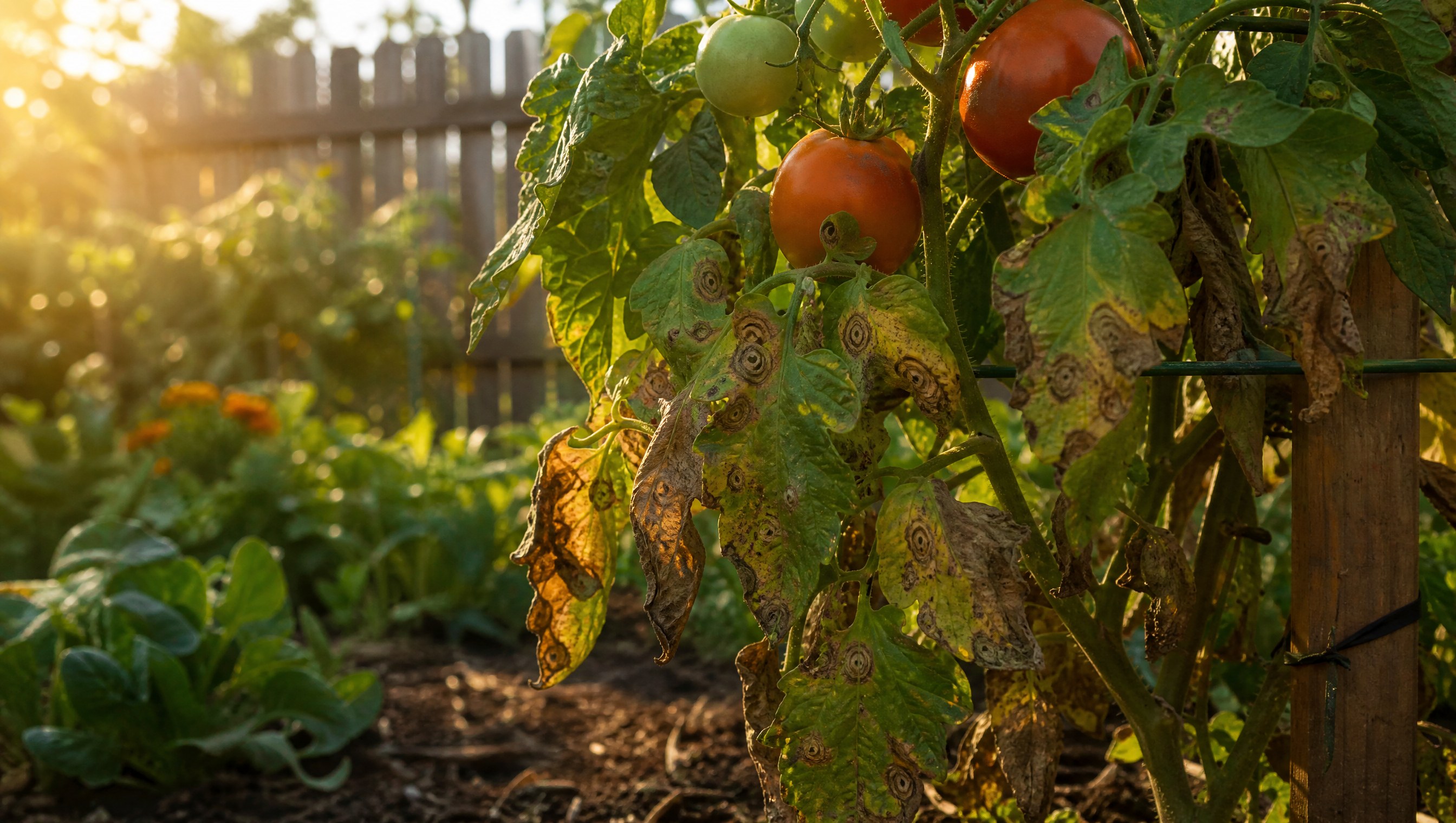 A staked tomato plant in September with browned, spotted lower leaves and healthy red and green fruit higher on the vine