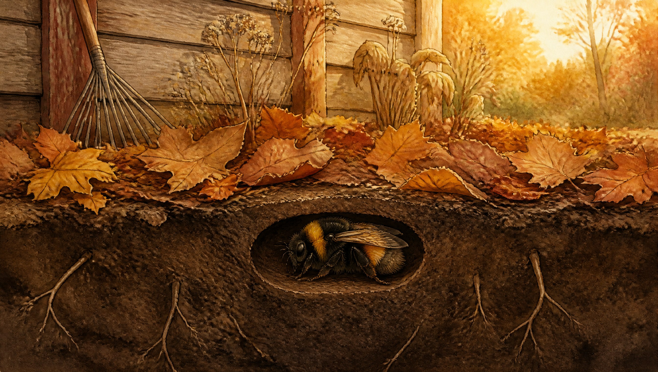 A cutaway of a leaf-covered garden bed beside a shed in October light, showing a queen bumble bee resting in a small hollow in the soil just under the leaves