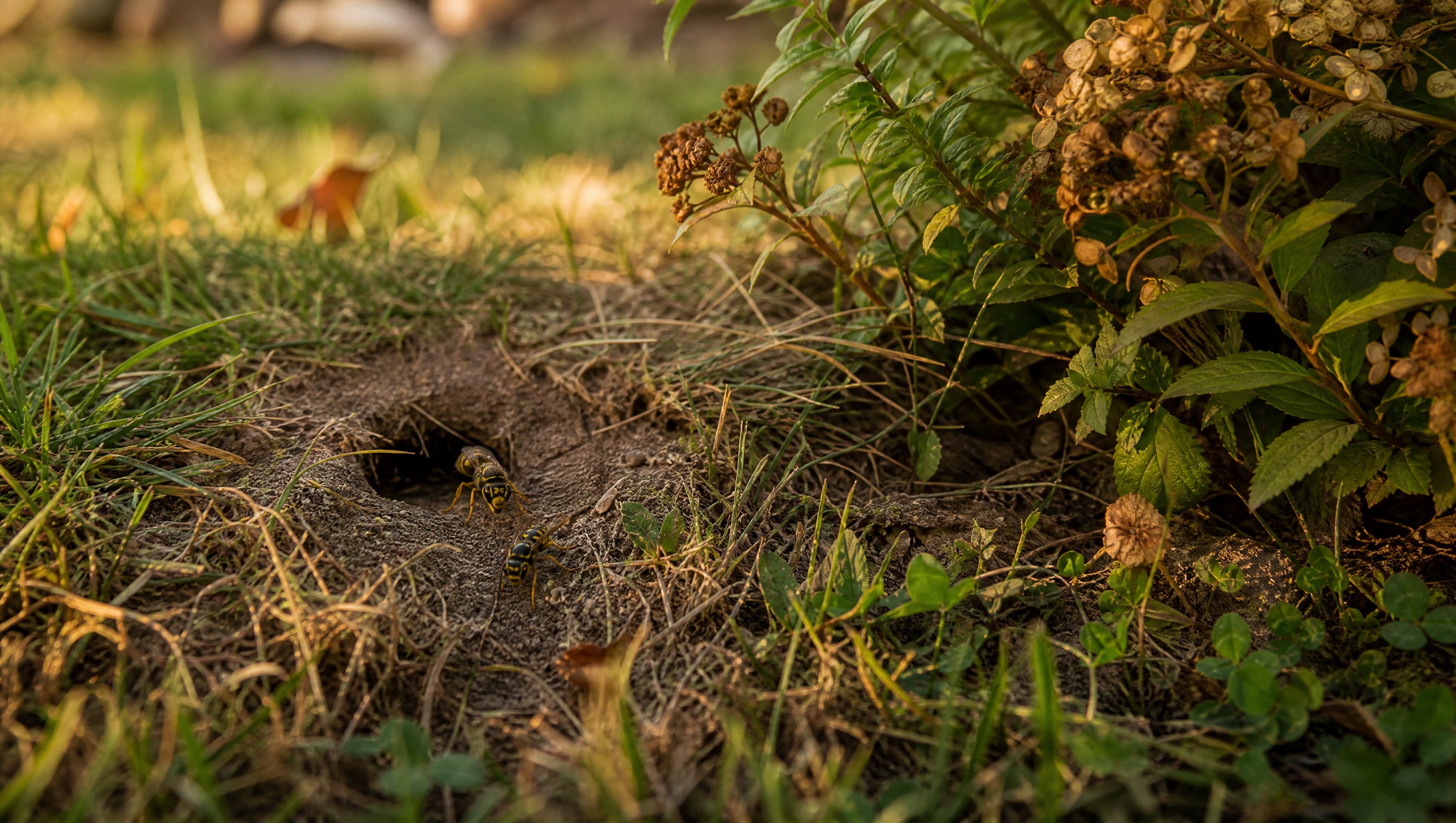 A small yellowjacket ground nest entrance at the edge of a lawn near a garden bed, two wasps near the opening, warm late September backlight