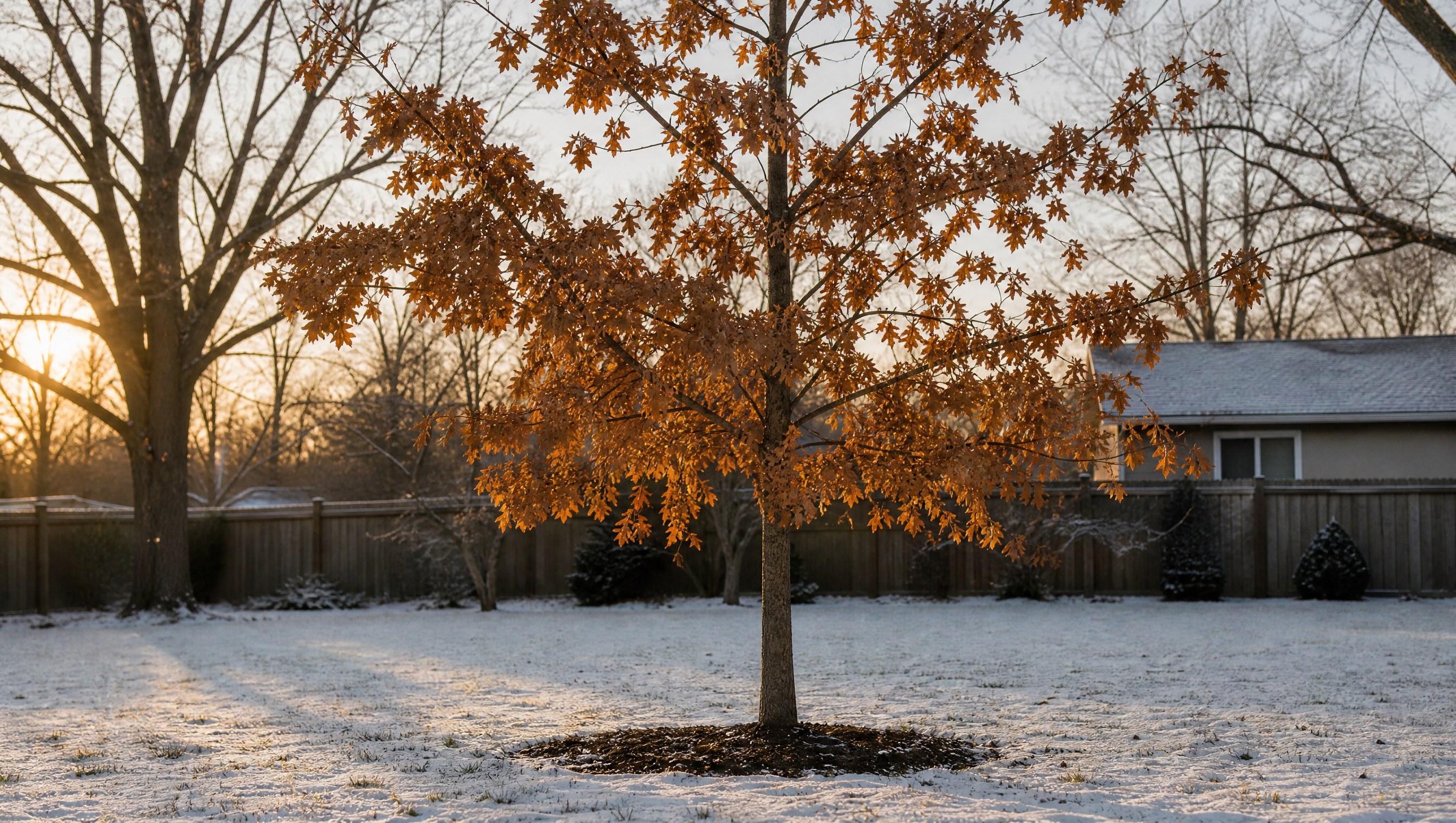A young oak tree in a winter backyard with its lower branches still covered in dry brown clinging leaves while bare trees stand in the background under a low winter sun